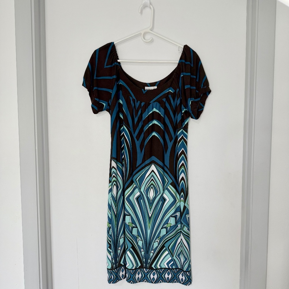 ROBBIE BEE women's flowy beach dress multi printed short sleeve. Size Large
